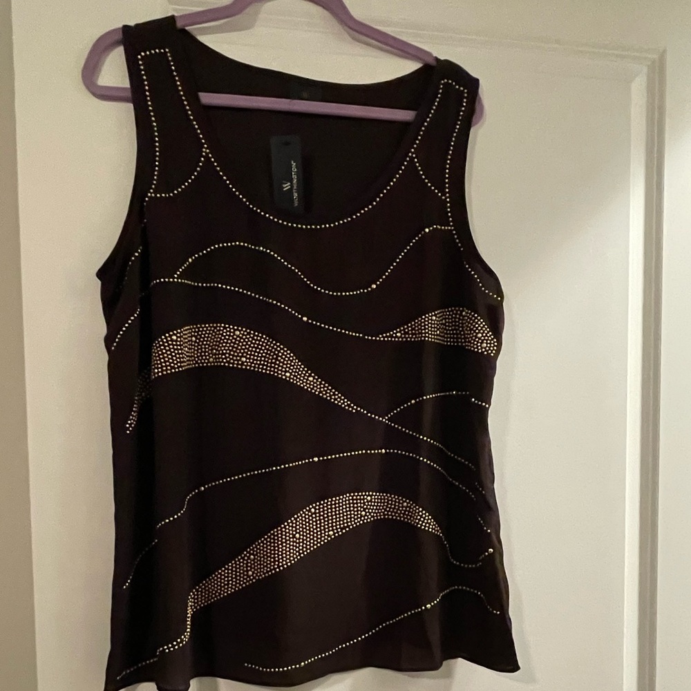 Worthington Sheer Brown Sleeveless pullover top W/Gold-tone Sequins Size XLarge